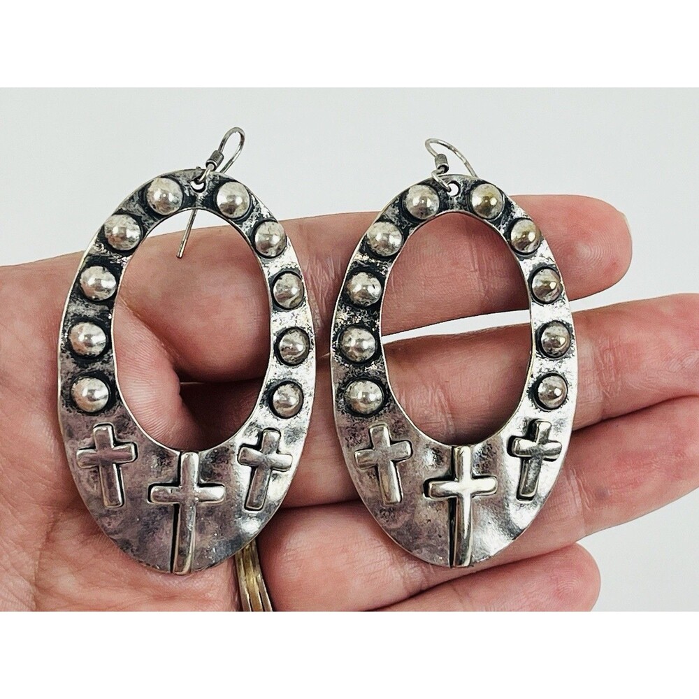 Vintage Silver Tone 3 Crosses Dangle Oval Drop Earrings Studs Chunky Large Pierc